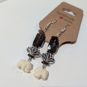 Handmade Smoky Quartz Drop Earrings - Elephant & Lotus Flower Detail